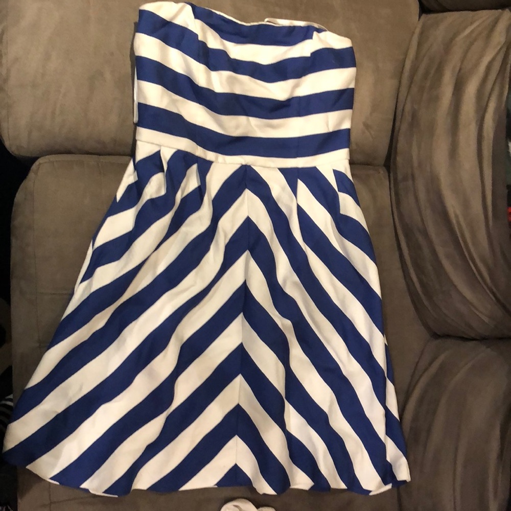 Blue and white stripe strapless mini dress